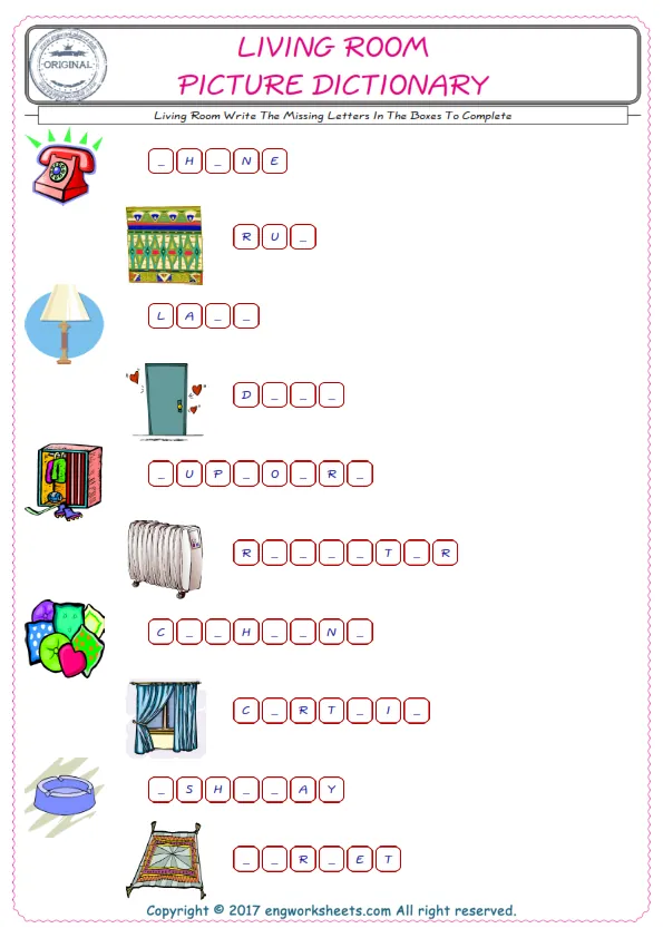 Type in the blank and learn the missing letters in the Living Room words given for kids English worksheet. Worksheet Preview