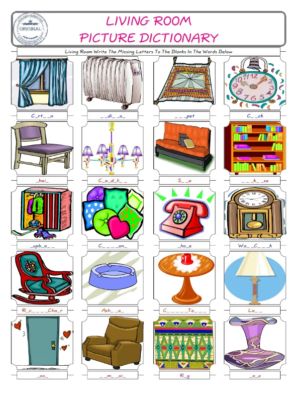 Living Room Words English worksheets For kids, the ESL Worksheet for finding and typing the missing letters of Living Room Words Worksheet Preview