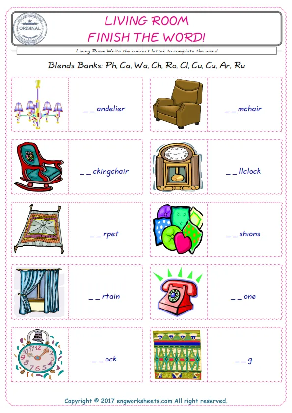 For kids, the Living Room English worksheet for supplying into the correct blank place given letters special to the Living Room Words. Worksheet Preview