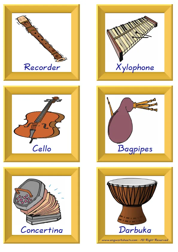 ESL Flashcard together with words containing Musical Instruments picture for kids and teachers. Worksheet Preview
