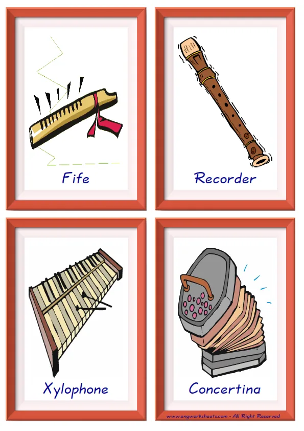 Quarter page ESL Flashcard together with words containing Musical Instruments picture for kids and teachers. Worksheet Preview