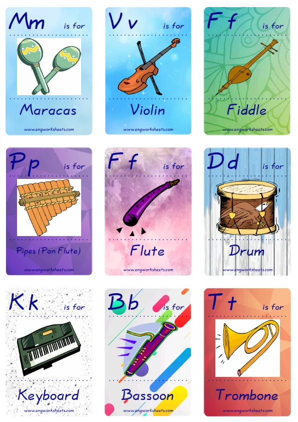 Mini size ESL Flashcard Musical Instruments for kids and teachers.