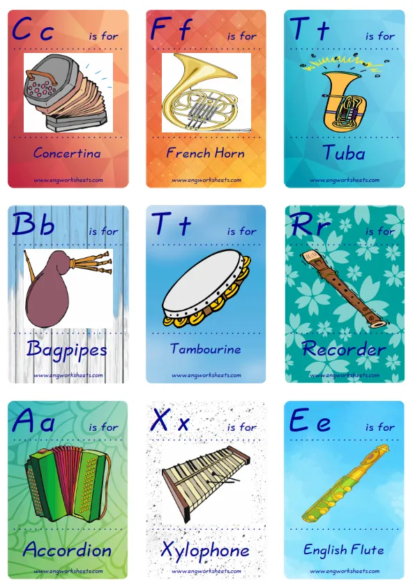 Mini size ESL Flashcard Musical Instruments for kids and teachers. Worksheet Preview