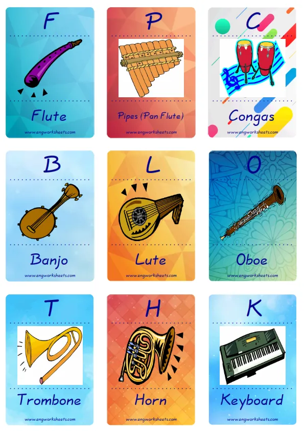 Mini size enjoyable ESL Flashcard Musical Instruments for kids and teachers.