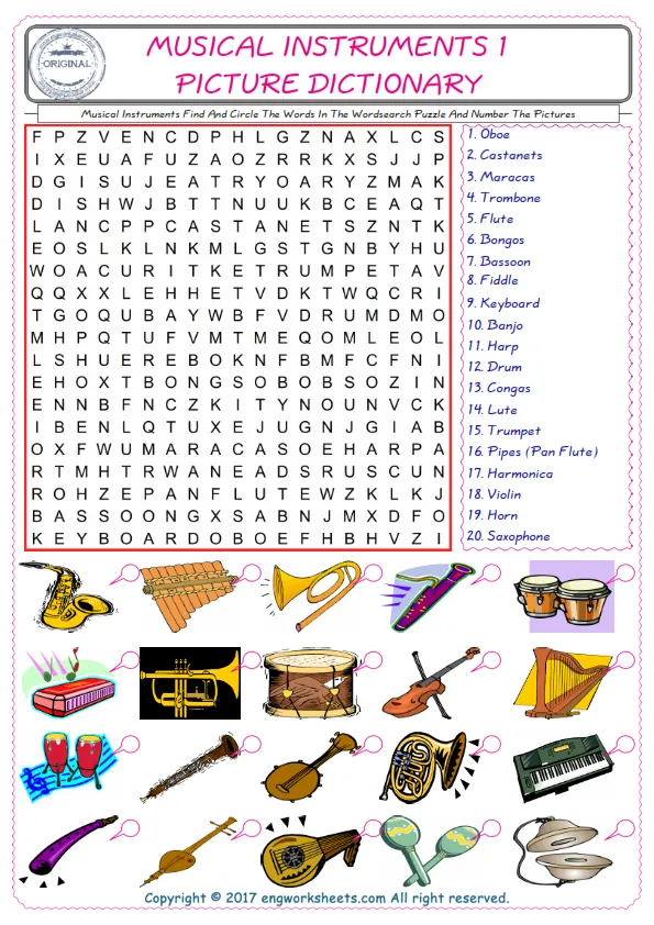 ESL wordsearch worksheets for kids, find Musical Instruments words in the word wordsearch write its number on its picture English worksheet. Worksheet Preview