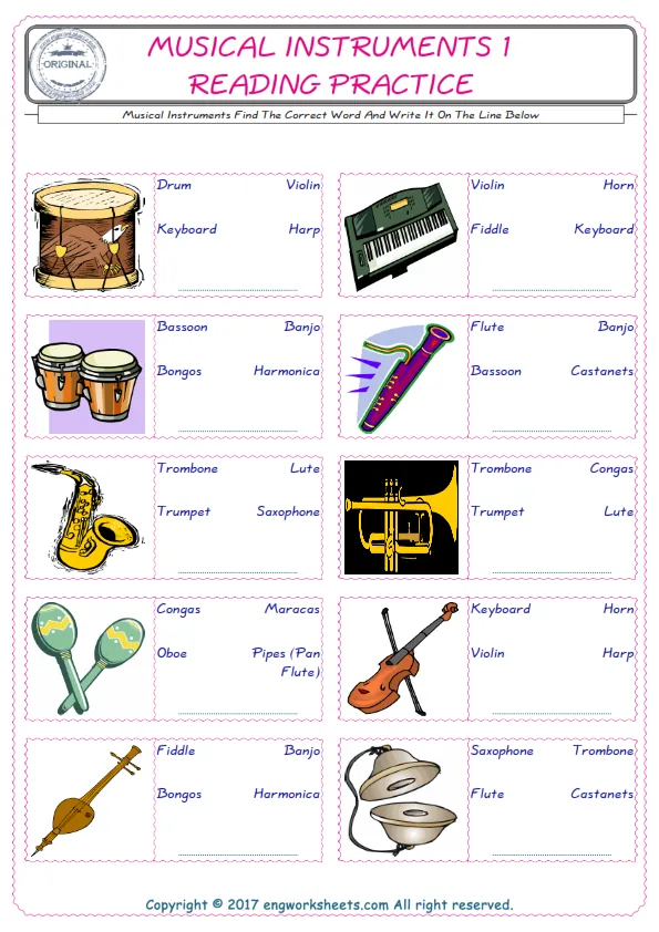 Check the picture of the Musical Instruments for kids ESL worksheet for supplying the correct one among three words into the blank place. Worksheet Preview