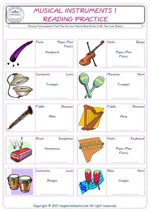 Check the picture of the Musical Instruments for kids ESL worksheet for supplying the correct one among four words into the blank place. Worksheet Preview
