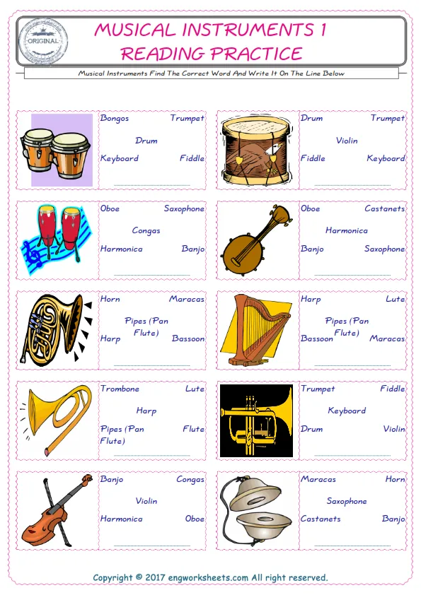 Check the picture of the Musical Instruments for kids ESL worksheet for supplying the correct one among five words into the blank place. Worksheet Preview