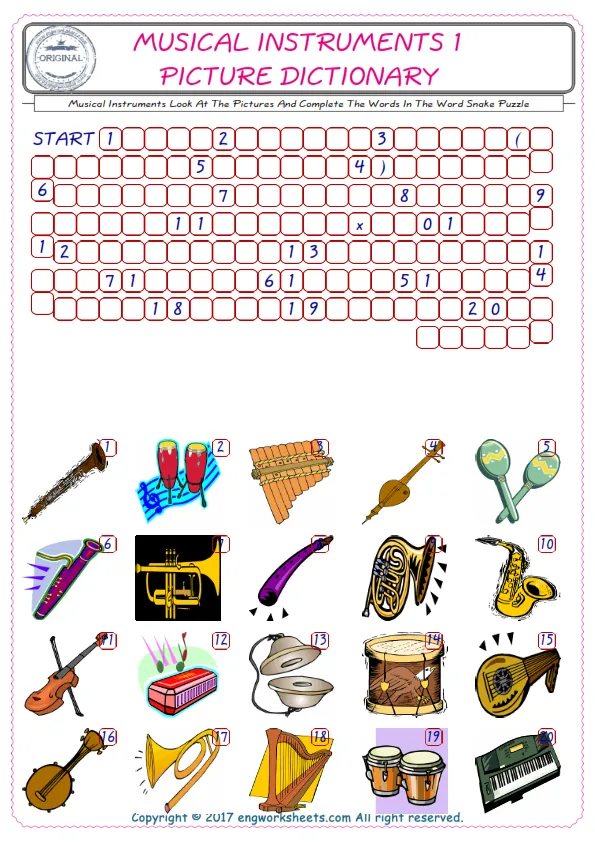 Check the Illustrations of Musical Instruments english worksheets for kids, and Supply the Missing Words in the Word Snake Puzzle ESL play. Worksheet Preview