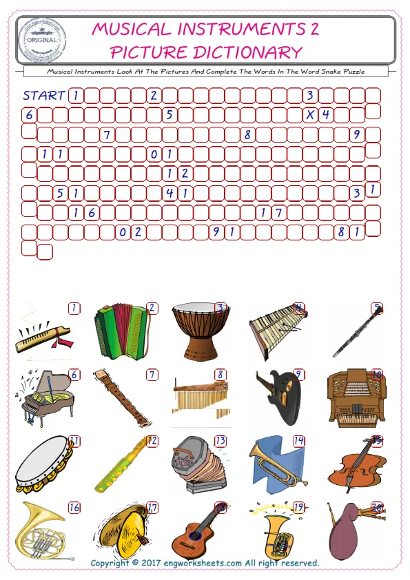 Check the Illustrations of Musical Instruments english worksheets for kids, and Supply the Missing Words in the Word Snake Puzzle ESL play. Worksheet Preview