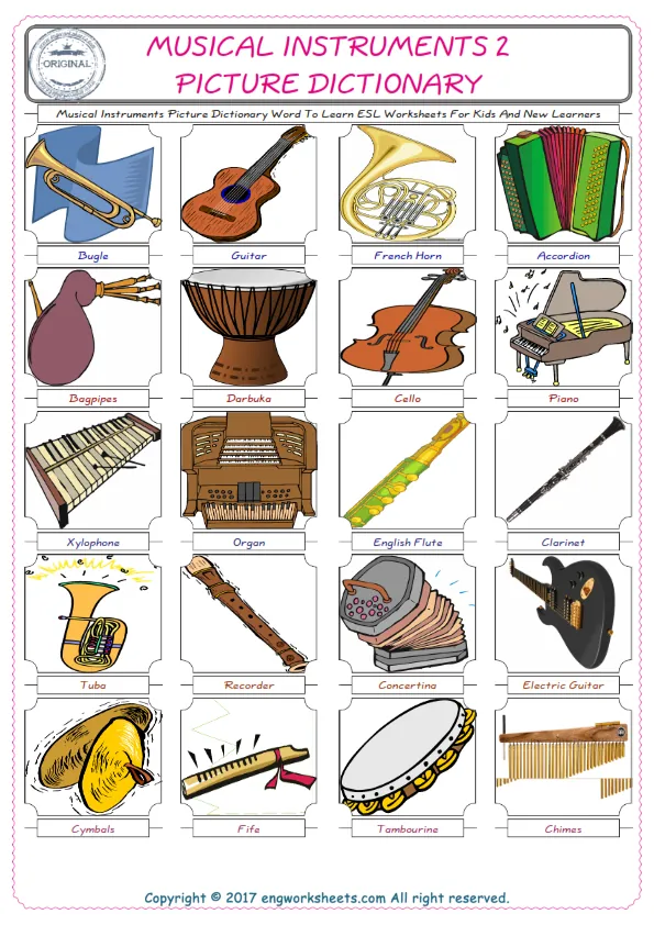 Musical Instruments English Worksheet for Kids ESL Printable Picture Dictionary Worksheet Preview