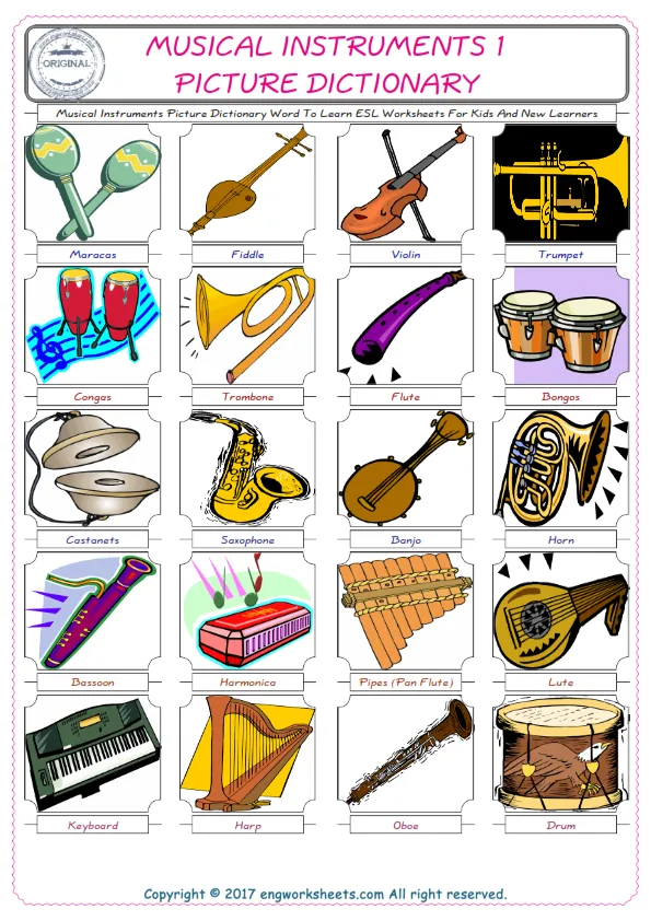 Musical Instruments English Worksheet for Kids ESL Printable Picture Dictionary Worksheet Preview