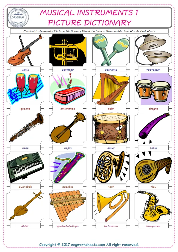 Musical Instruments ESL Worksheets For kids, the exercise worksheet of finding the words given complexly and supplying the correct one. Worksheet Preview