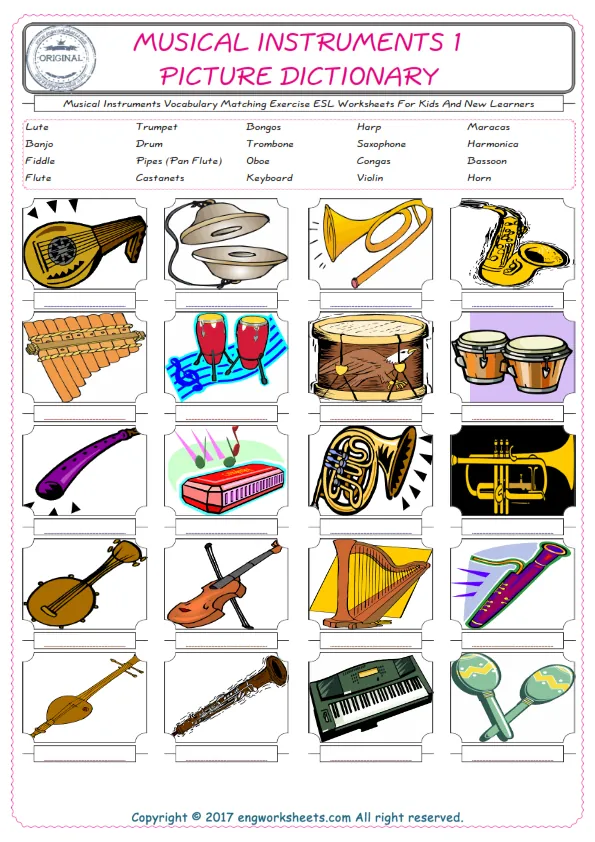 Musical Instruments for Kids ESL Word Matching English Exercise Worksheet. Worksheet Preview