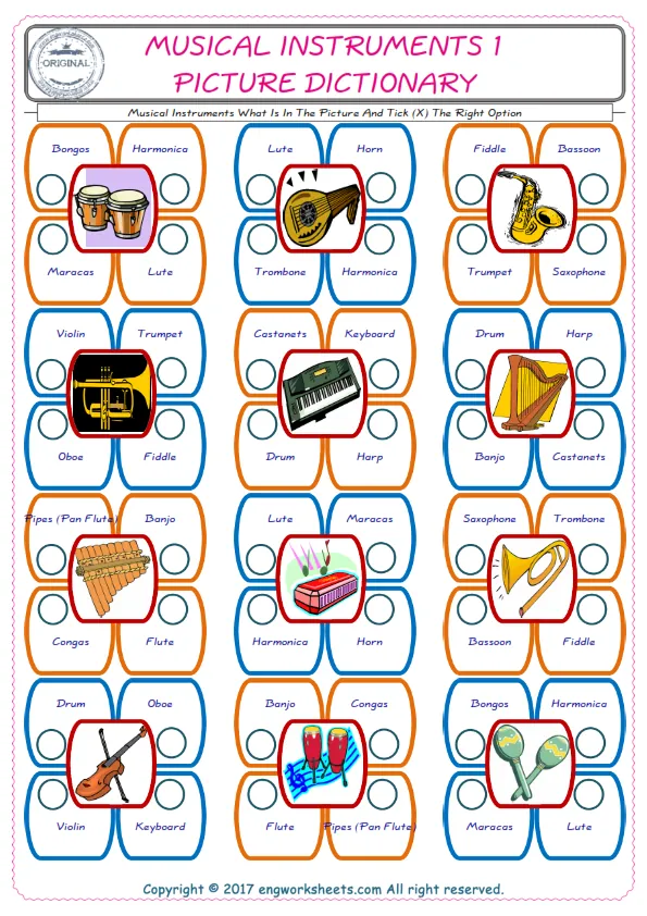 check the picture, mark the correct option amongst the given Musical Instruments words English worksheet for kids Worksheet Preview