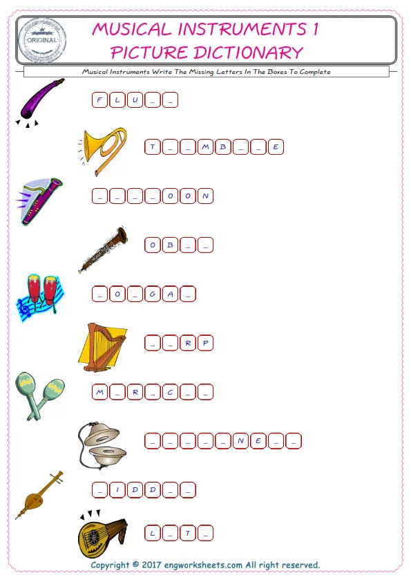 Type in the blank and learn the missing letters in the Musical Instruments words given for kids English worksheet. Worksheet Preview