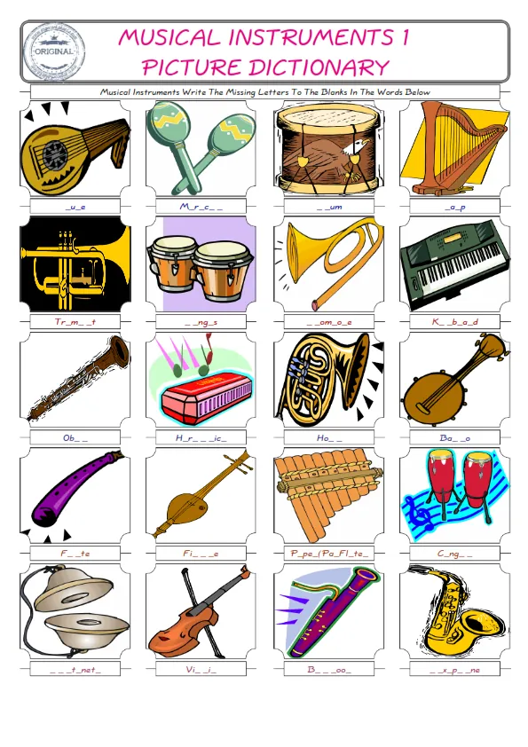 Musical Instruments Words English worksheets For kids, the ESL Worksheet for finding and typing the missing letters of Musical Instruments Words Worksheet Preview