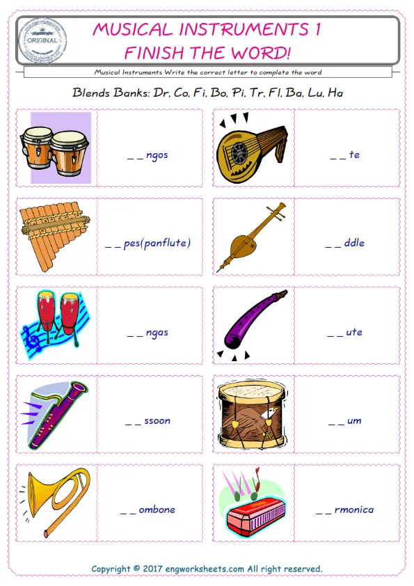 For kids, the Musical Instruments English worksheet for supplying into the correct blank place given letters special to the Musical Instruments Words. Worksheet Preview