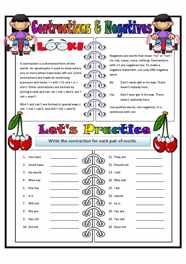 Contractions Negatives Worksheet Preview