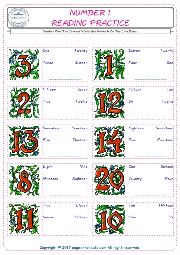 Check the picture of the Number for kids ESL worksheet for supplying the correct one among three words into the blank place. Worksheet Preview