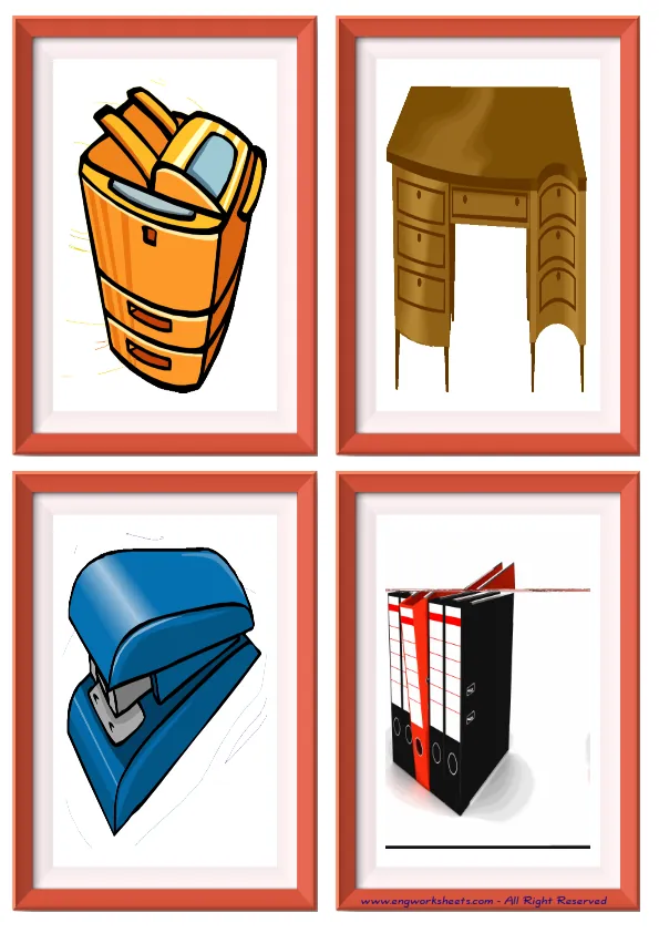 Quarter page ESL Flashcard without words containing Office picture for kids and teachers.
