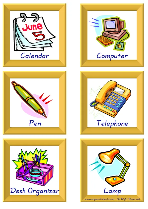 ESL Flashcard together with words containing Office picture for kids and teachers.