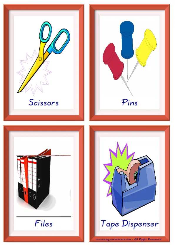 Quarter page ESL Flashcard together with words containing Office picture for kids and teachers.