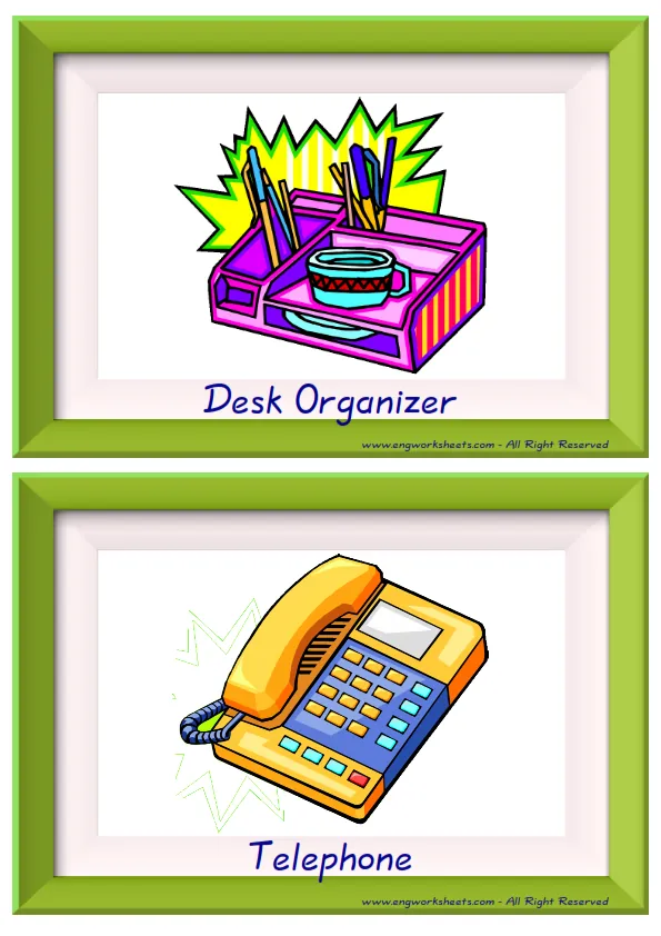 Half page ESL Flashcard together with words containing Office picture for kids and teachers.