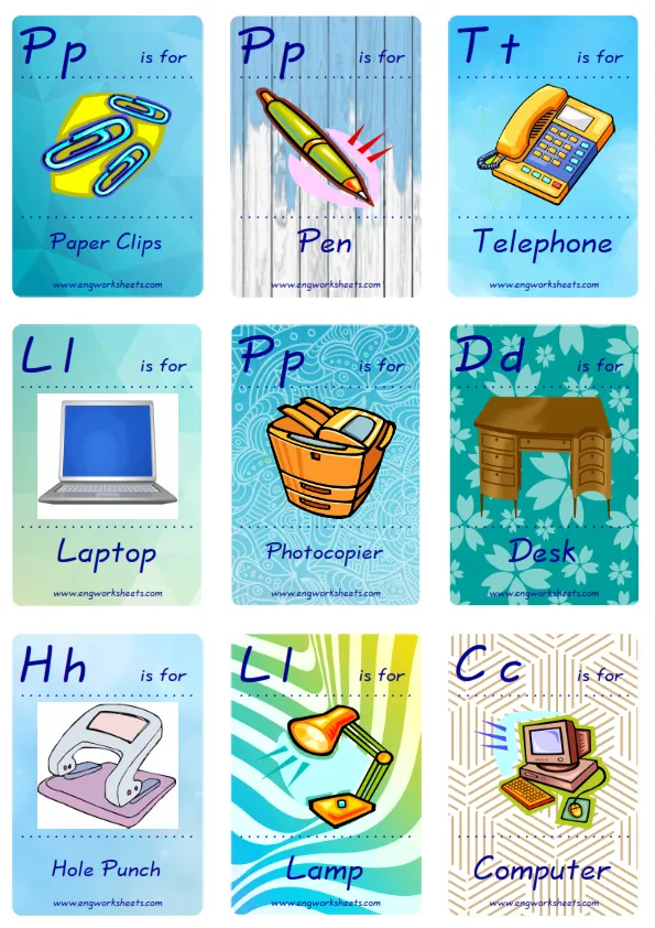 Mini size ESL Flashcard Office for kids and teachers.