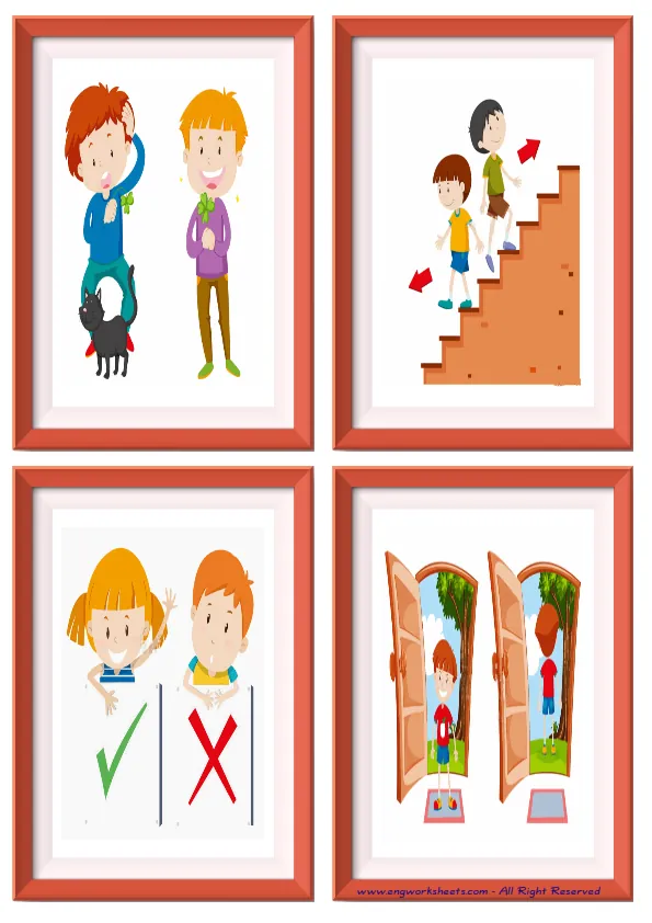 Quarter page ESL Flashcard without words containing Opposites picture for kids and teachers. Worksheet Preview