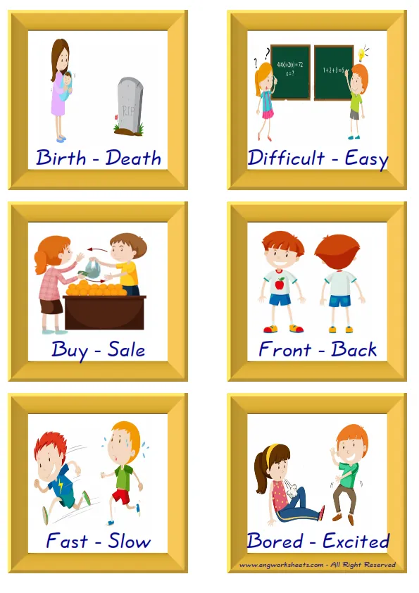 ESL Flashcard together with words containing Opposites picture for kids and teachers. Worksheet Preview