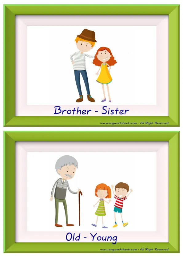 Half page ESL Flashcard together with words containing Opposites picture for kids and teachers. Worksheet Preview