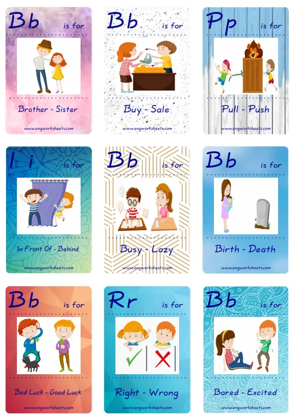 Mini size ESL Flashcard Opposites for kids and teachers. Worksheet Preview