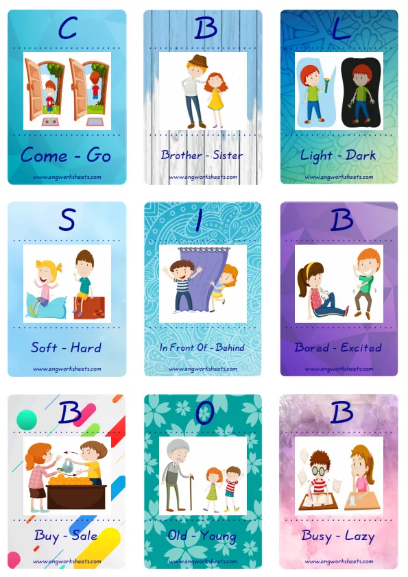 Mini size enjoyable ESL Flashcard Opposites for kids and teachers. Worksheet Preview