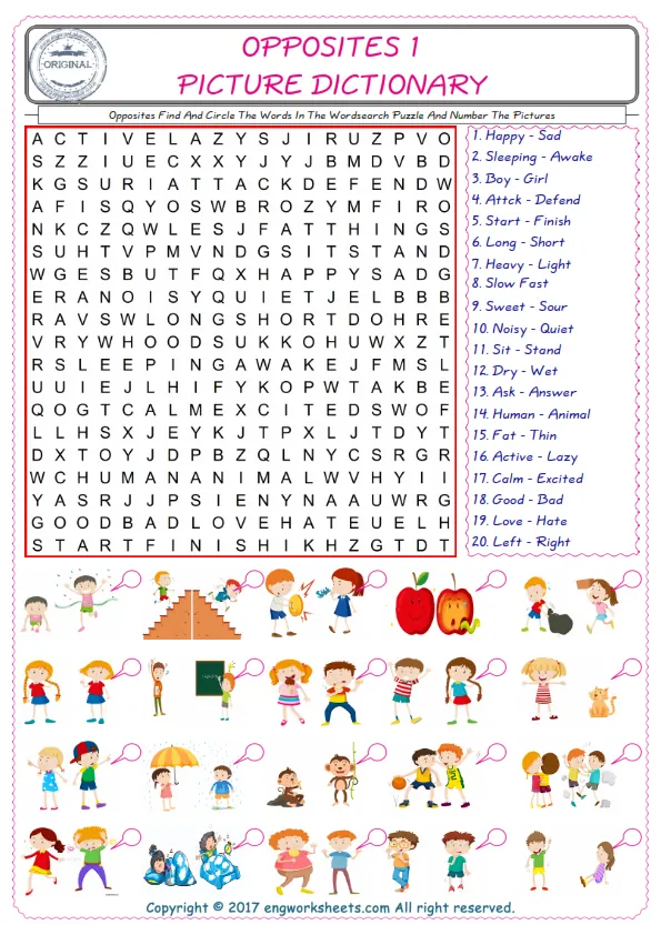 ESL wordsearch worksheets for kids, find Opposites words in the word wordsearch write its number on its picture English worksheet. Worksheet Preview