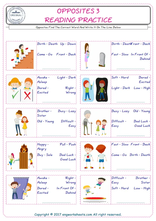 Check the picture of the Opposites for kids ESL worksheet for supplying the correct one among three words into the blank place. Worksheet Preview