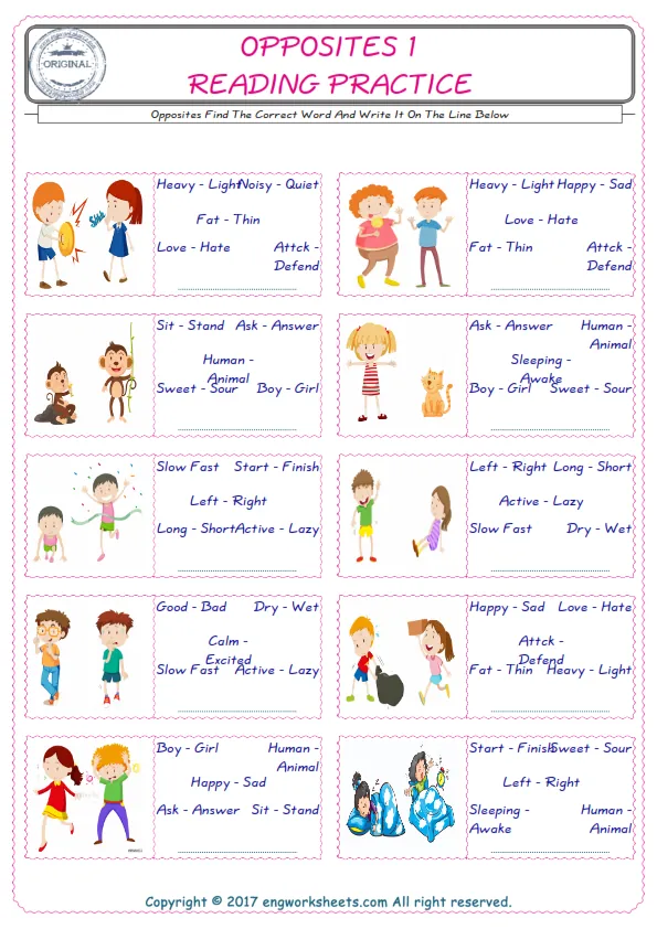 Check the picture of the Opposites for kids ESL worksheet for supplying the correct one among five words into the blank place. Worksheet Preview