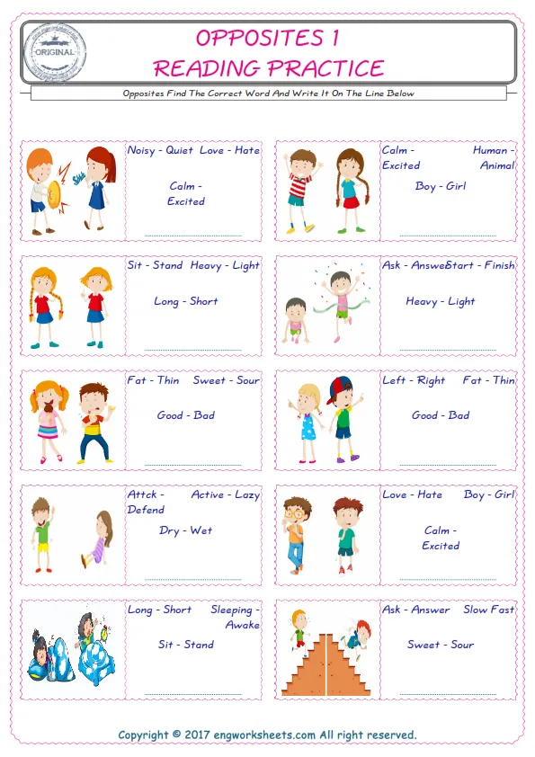 Check the picture of the Opposites for kids ESL worksheet for supplying the correct one among four words into the blank place. Worksheet Preview