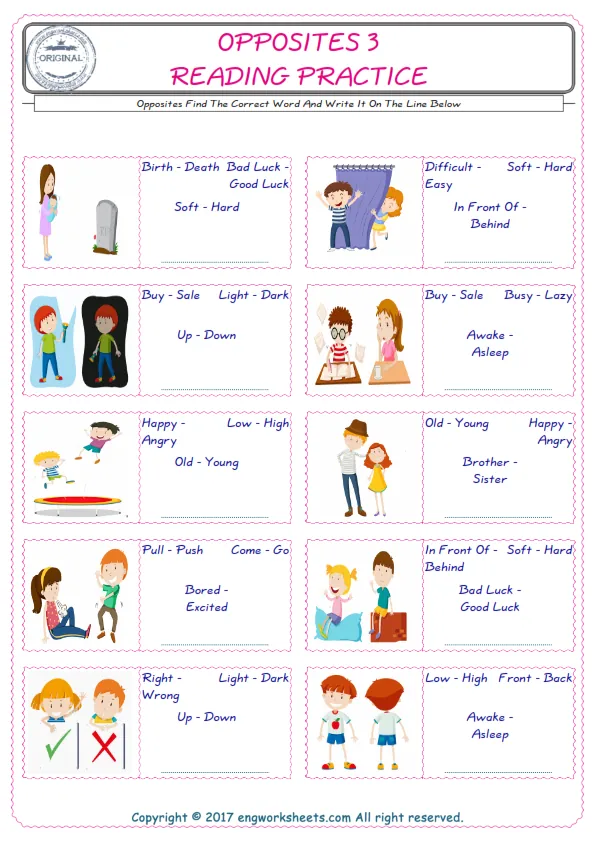 Check the picture of the Opposites for kids ESL worksheet for supplying the correct one among four words into the blank place. Worksheet Preview
