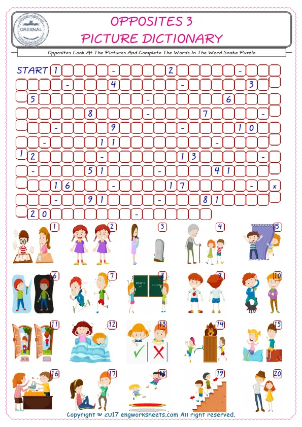 Check the Illustrations of Opposites english worksheets for kids, and Supply the Missing Words in the Word Snake Puzzle ESL play. Worksheet Preview