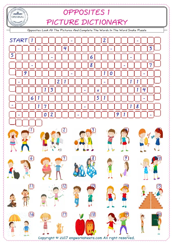 Check the Illustrations of Opposites english worksheets for kids, and Supply the Missing Words in the Word Snake Puzzle ESL play. Worksheet Preview