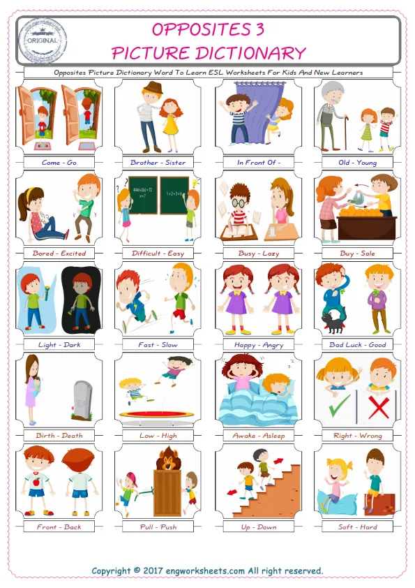 Opposites English Worksheet for Kids ESL Printable Picture Dictionary Worksheet Preview