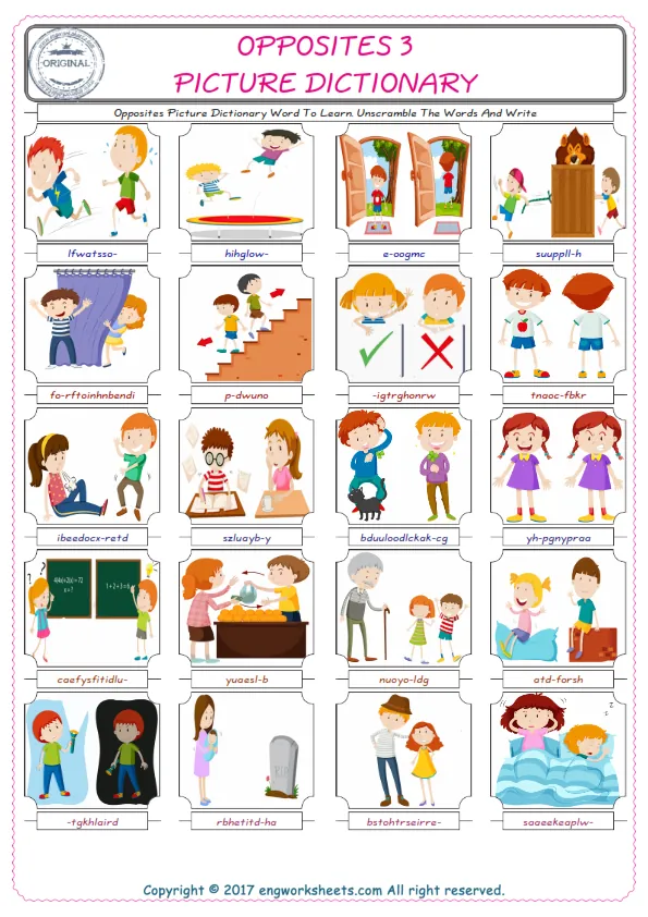 Opposites ESL Worksheets For kids, the exercise worksheet of finding the words given complexly and supplying the correct one. Worksheet Preview