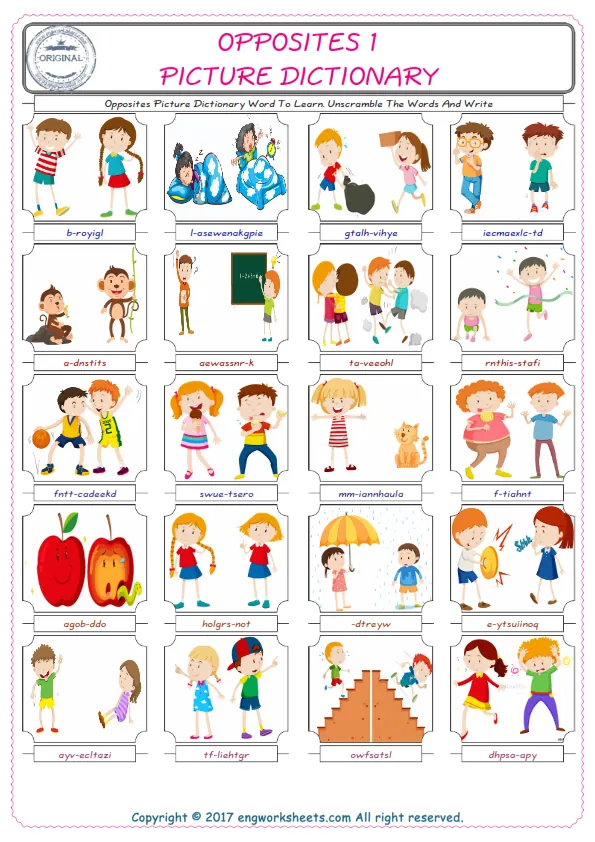 Opposites ESL Worksheets For kids, the exercise worksheet of finding the words given complexly and supplying the correct one. Worksheet Preview