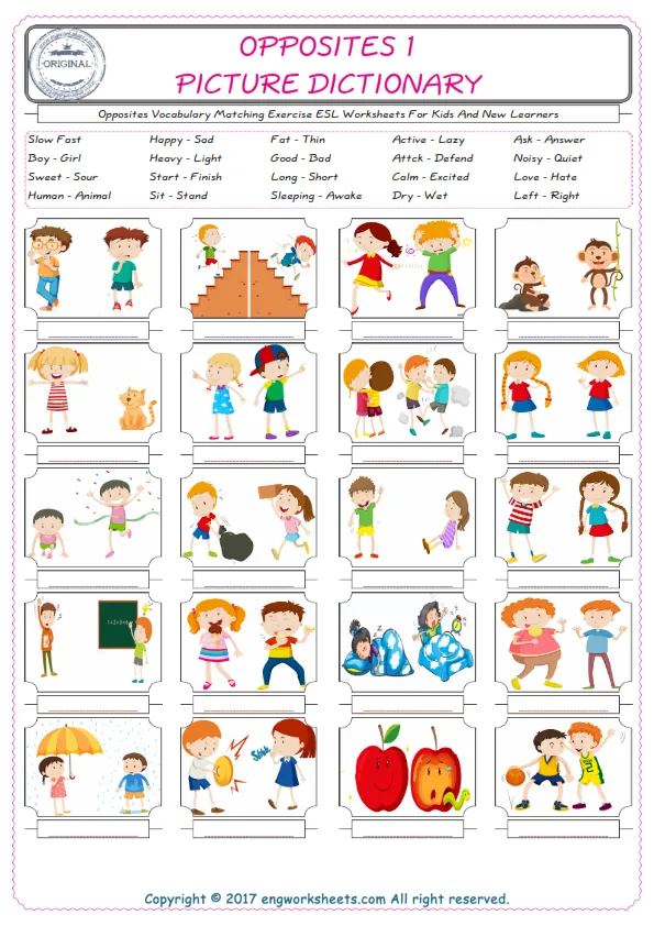 Opposites for Kids ESL Word Matching English Exercise Worksheet. Worksheet Preview