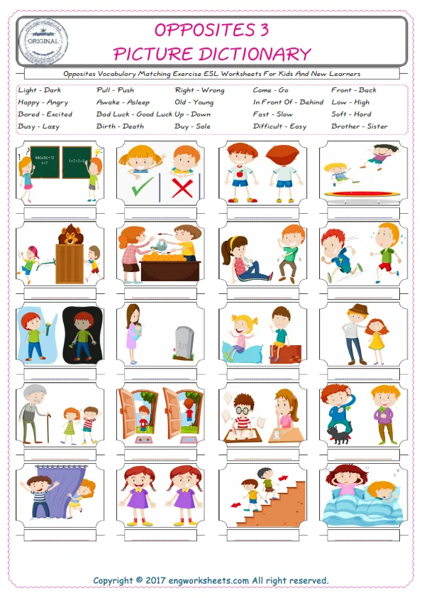 Opposites for Kids ESL Word Matching English Exercise Worksheet. Worksheet Preview
