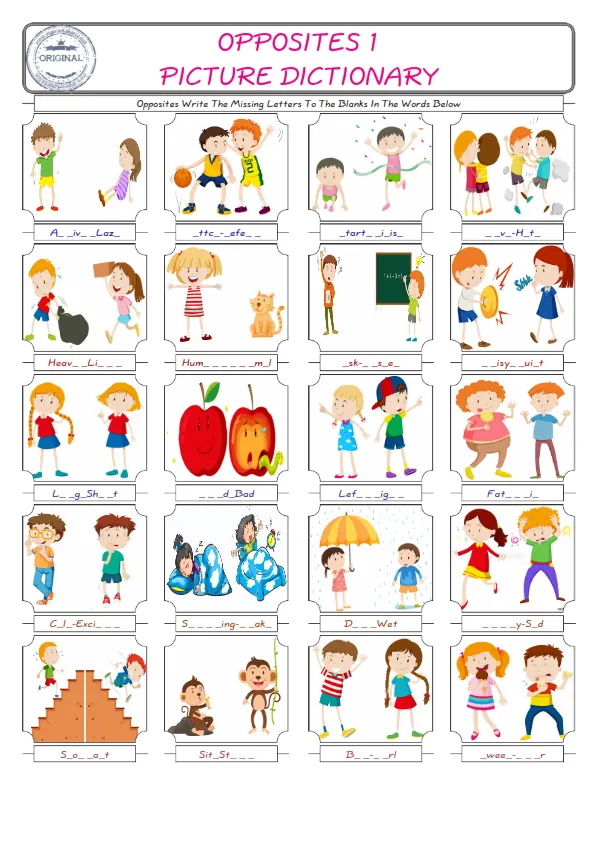 Opposites Words English worksheets For kids, the ESL Worksheet for finding and typing the missing letters of Opposites Words Worksheet Preview