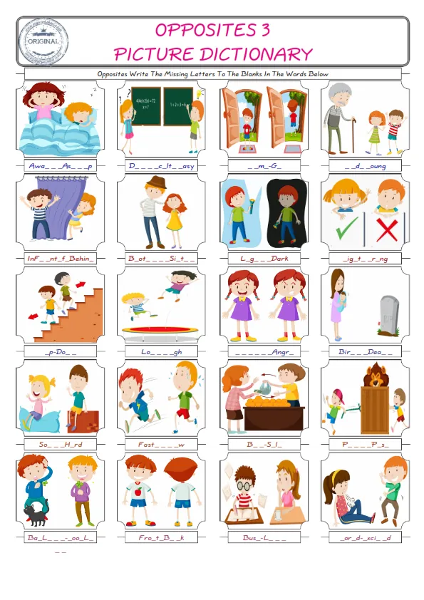 Opposites Words English worksheets For kids, the ESL Worksheet for finding and typing the missing letters of Opposites Words Worksheet Preview