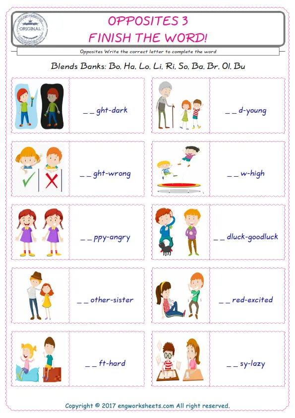 For kids, the Opposites English worksheet for supplying into the correct blank place given letters special to the Opposites Words. Worksheet Preview