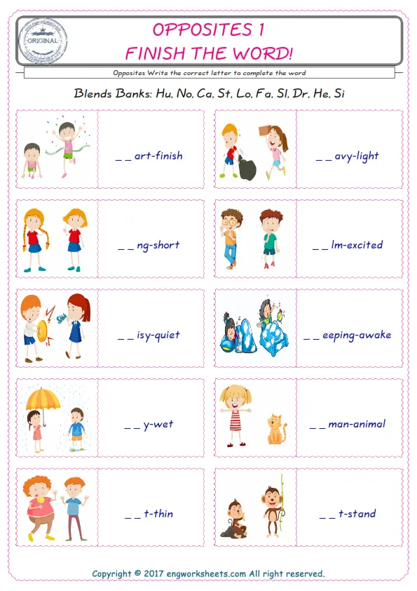 For kids, the Opposites English worksheet for supplying into the correct blank place given letters special to the Opposites Words. Worksheet Preview